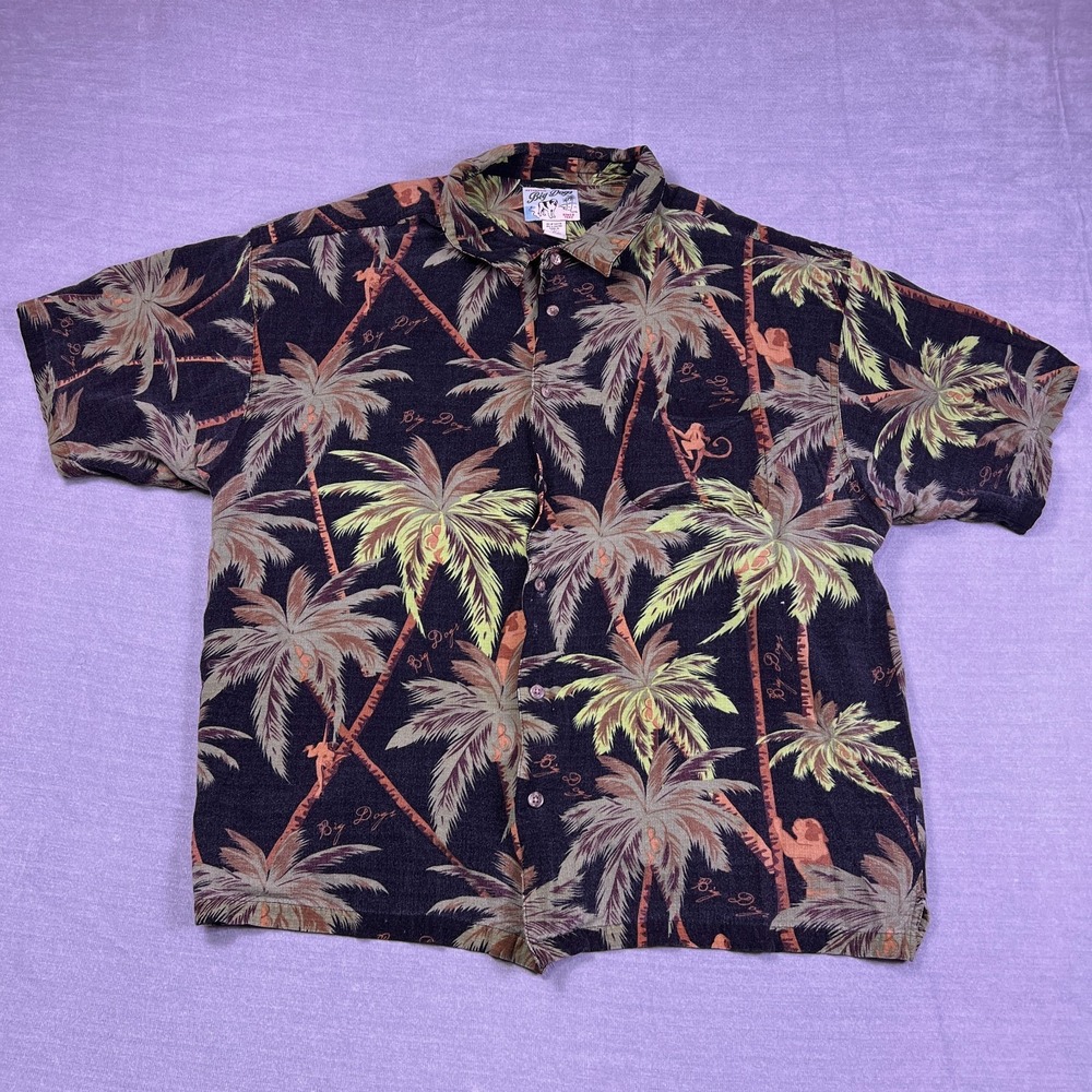 Big Dogs Monkey Climbing Palm Tree Hawaiian Button Up Shirt Mens 3X Black Rayon